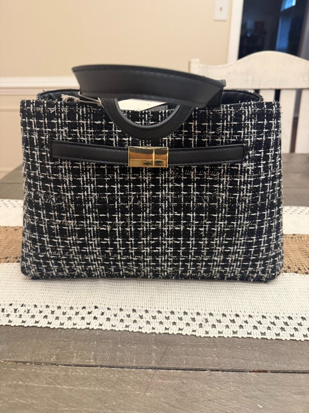A New Day Black & White Tweed Top Handle Satchel Bag NWT Gold Hardware